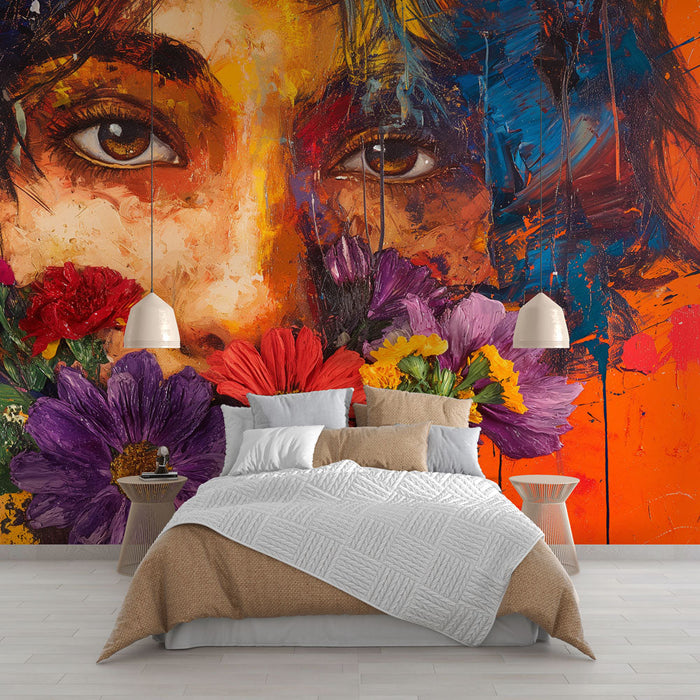 Art Deco Mural Wallpaper | Face and Flowers