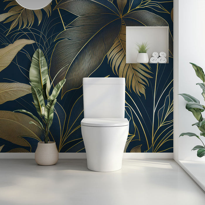 Tapetti wc | Kultaiset lehdet keskiyön sinisellä taustalla
