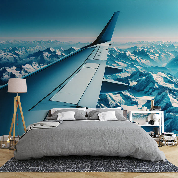 Airplane Mural Wallpaper | Wing and Snowy Mountain View from the Sky