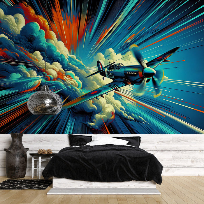 Airplane Mural Wallpaper | Blue, White, Red Clouds