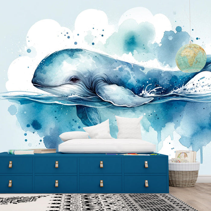 Papel de parede com mural da baleia azul | Aquarela azulada
