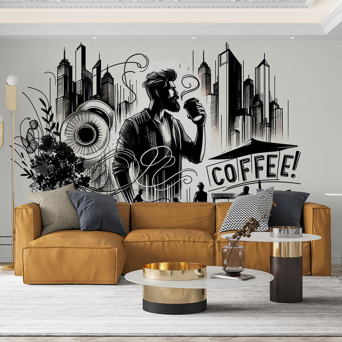 Comic Mural Wallpaper | Building, Coffee, and Black and White Silhouette