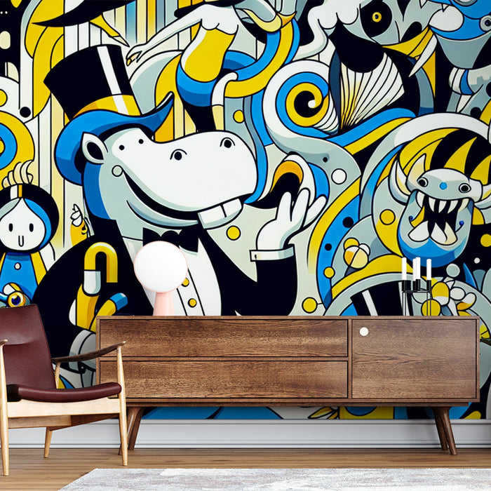 Comic Mural Wallpaper | Colorful Cabaret in Yellow and Blue