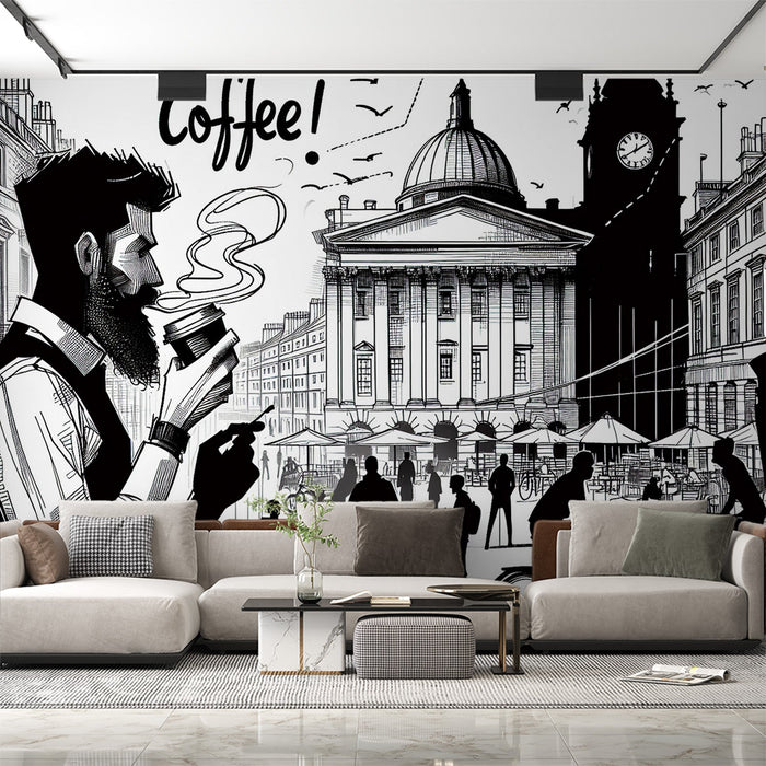Comic Strip Mural Wallpaper | London Café with Black and White Big Ben