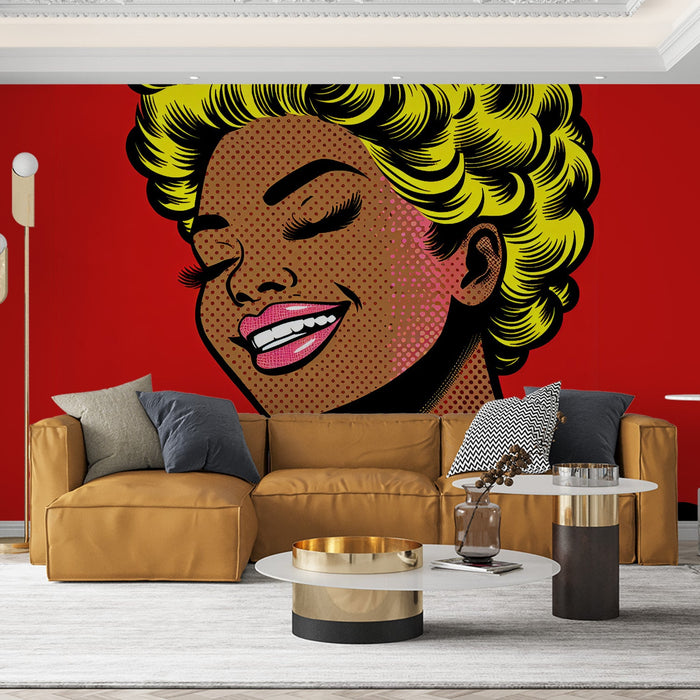 Comic Strip Mural Wallpaper | Afro Blonde Woman on Red Background