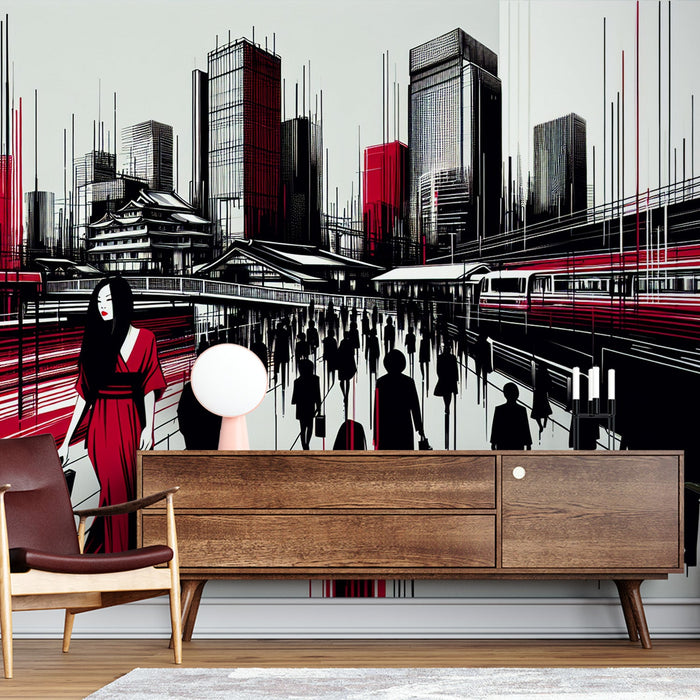 Comic Strip Mural Wallpaper | Japanese Woman in a Red and Black City