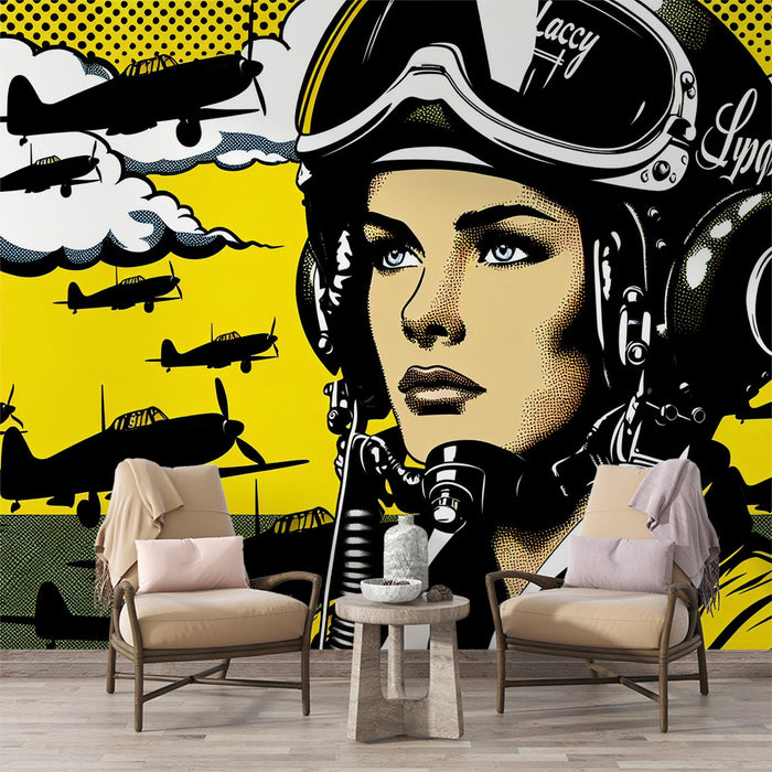 Comic Mural Wallpaper | Pop Art Style Fighter Pilot Woman