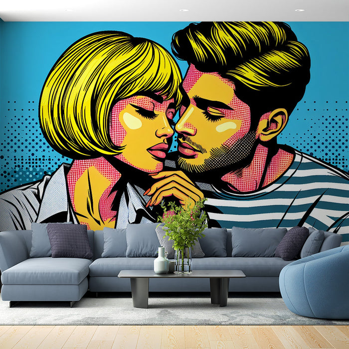Comic Mural Wallpaper | Moment of Complicity on a Blue Background
