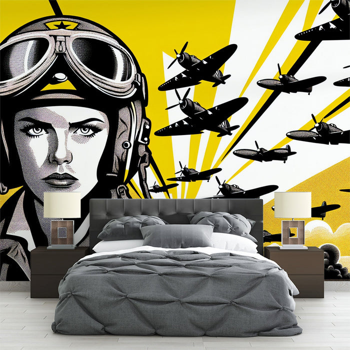 Comic Mural Wallpaper | Fighter Pilot with Assault in the Background