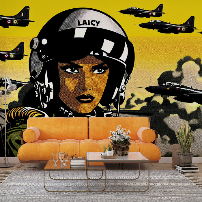 Comic Strip Mural Wallpaper | Pop Art with Fighter Jet and Yellow Sky