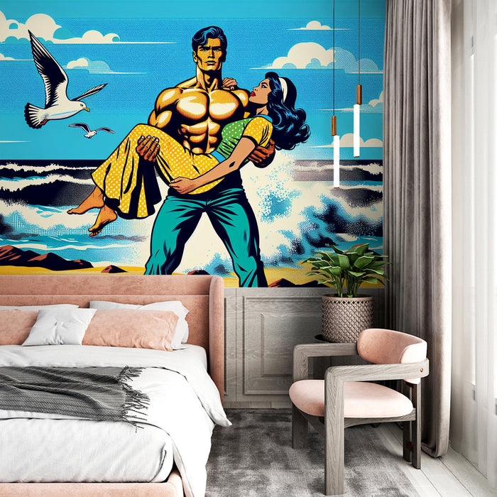Papel de parede mural de quadrinhos | Pop Art à beira-mar com homem musculoso