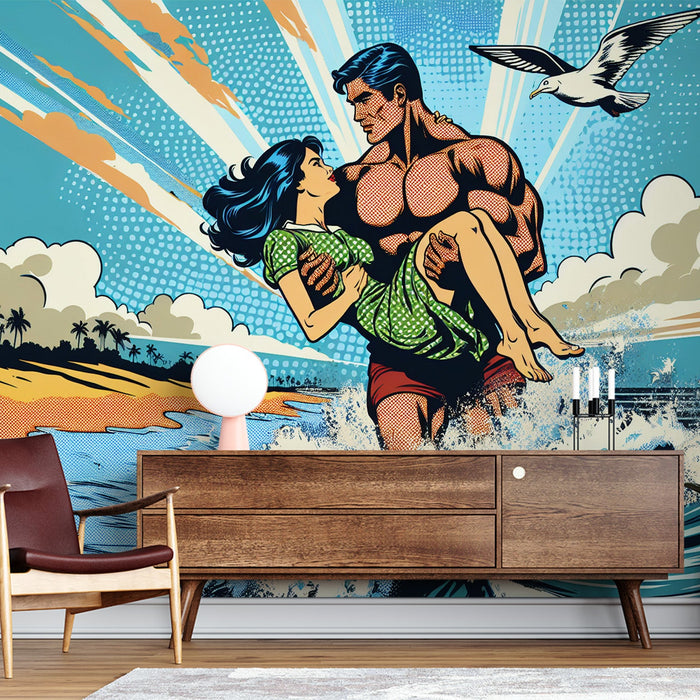 Papel pintado de mural de cómic | Arte pop junto al mar con hombre, mujer y gaviota