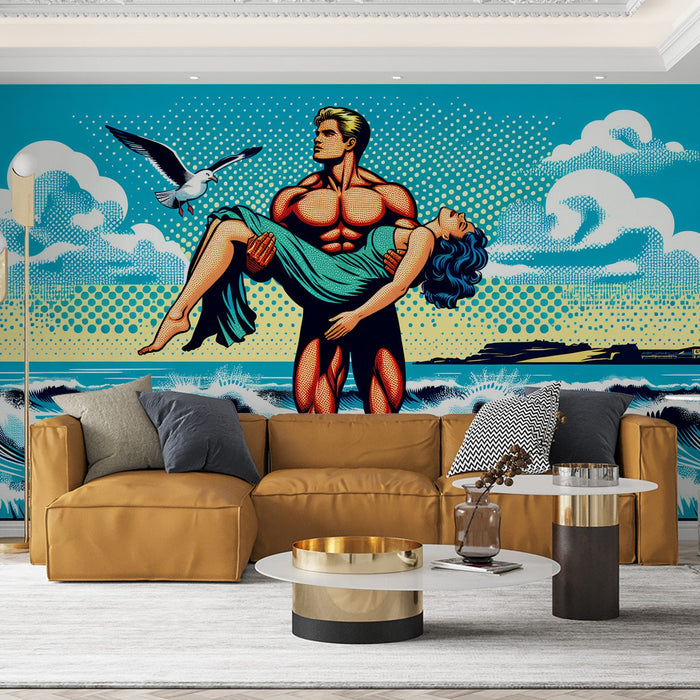 Comic Mural Wallpaper | Pop Art of a Muscular Man Saving a Woman