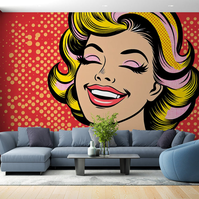 Comic Mural Wallpaper | Pop Art Woman with Yellow Hair on Red Background