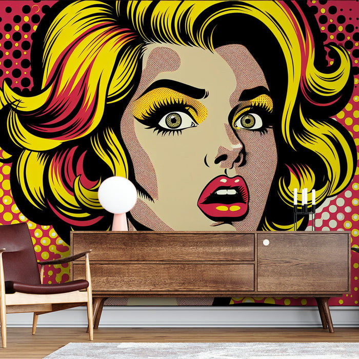 Comic Strip Mural Wallpaper | Pop Art Blonde Woman on Bright Red Background