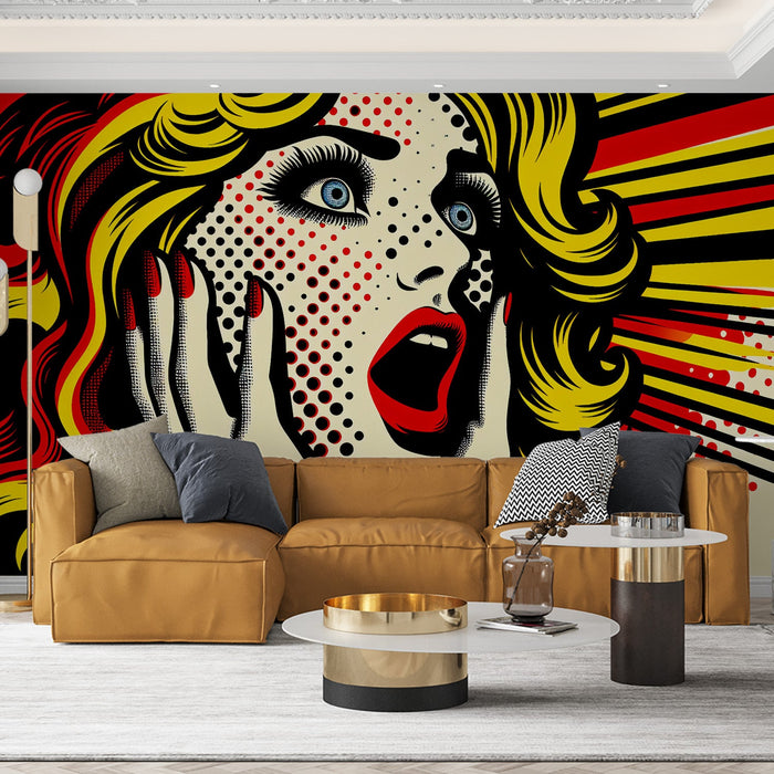 Comic Mural Wallpaper | Pop Art Woman in Yellow and Red