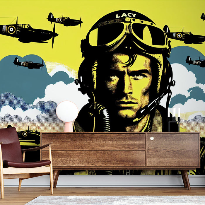 Comic Strip Mural Wallpaper | Pop Art Fighter Pilot and Yellow Sky
