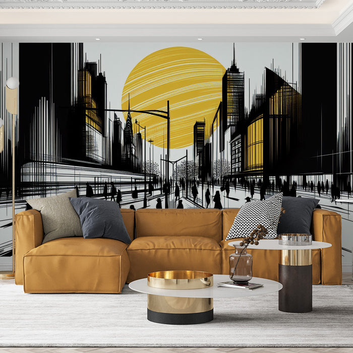 Comic Mural Wallpaper | Yellow Sun Radiating over a Busy Black and White City