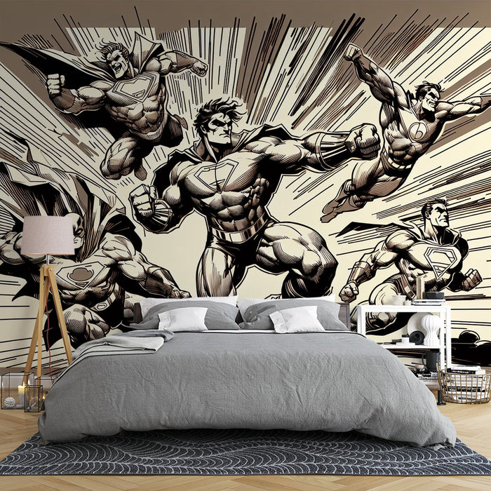 Comic Mural Wallpaper | Black and White Action of Imaginary Superheroes