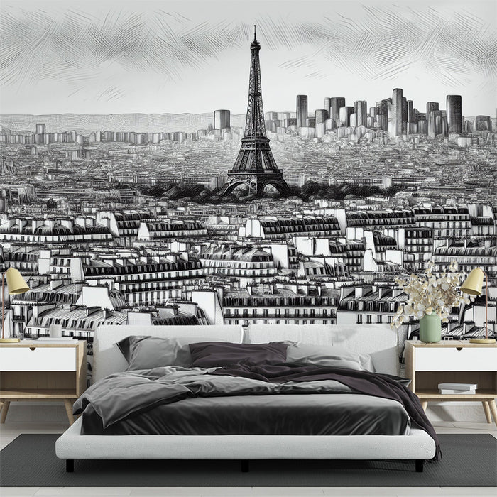 Comic Strip Mural Wallpaper | Eiffel Tower, Haussmannian Roofs, and La Défense
