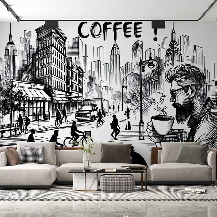 Comic Mural Wallpaper | A Café in the Bustling City