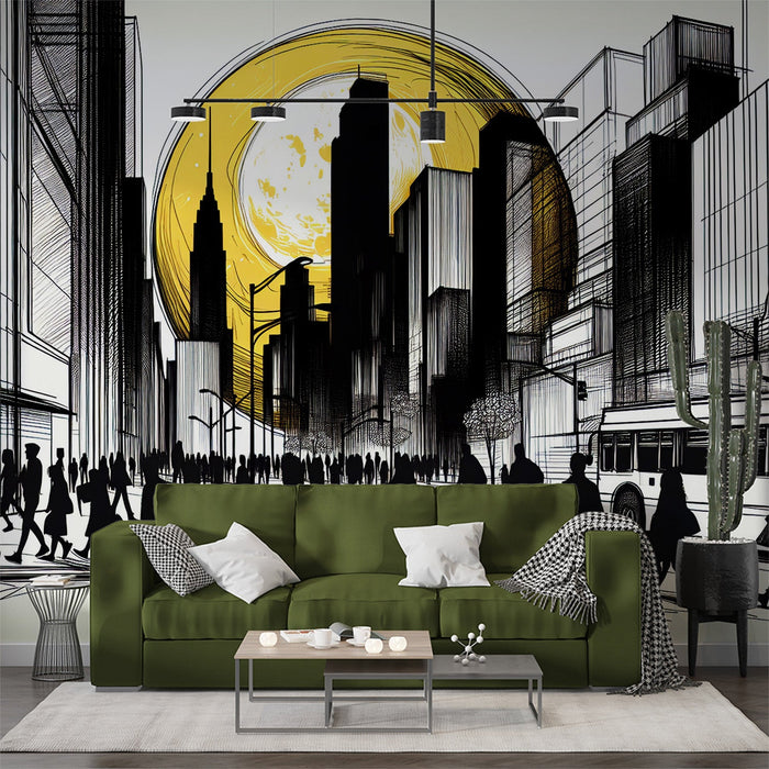 Comic Mural Wallpaper | Busy City with Big Yellow Sun in the Background
