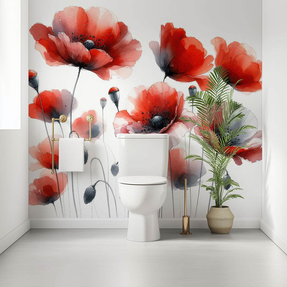 Papel de parede banheiro | Flores vermelhas vibrantes em delicada aqua —  WonderMural, image size:1000x1000
