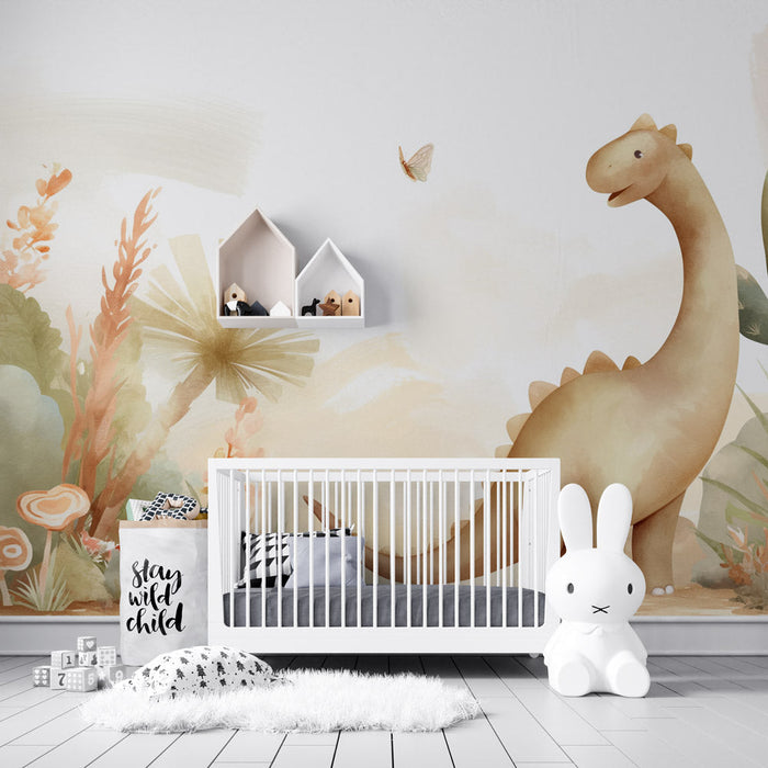 Papel de parede com mural de dinossauros | Universo infantil pastel