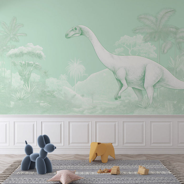 Papel de parede com mural de dinossauro | Verde monocromático