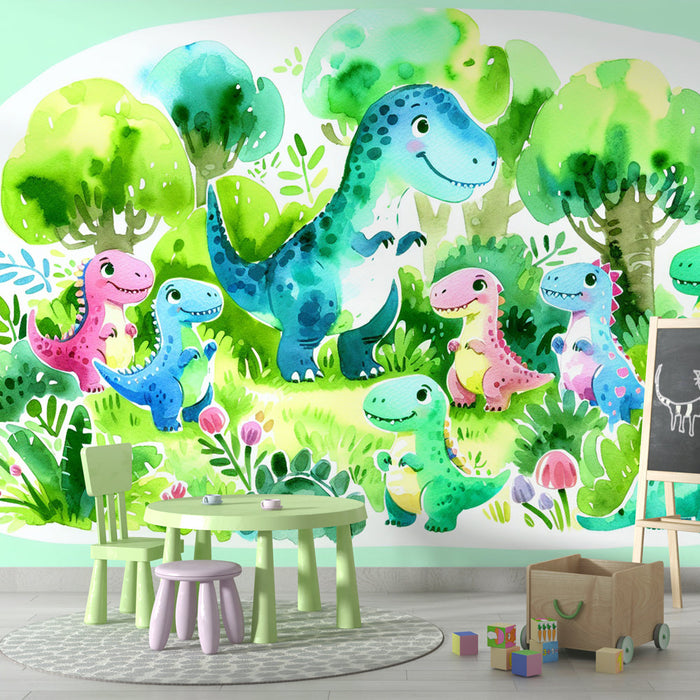 Papel de parede de mural de dinossauro para crianças | Cores vivas em aquarela