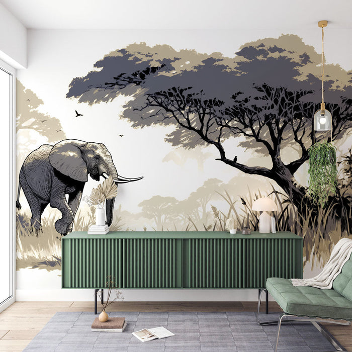 Papel de parede com mural de elefante | Cores sutis