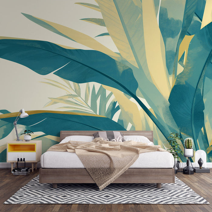 Foliage Mural Wallpaper | Large Blue Green Yellow Leaves