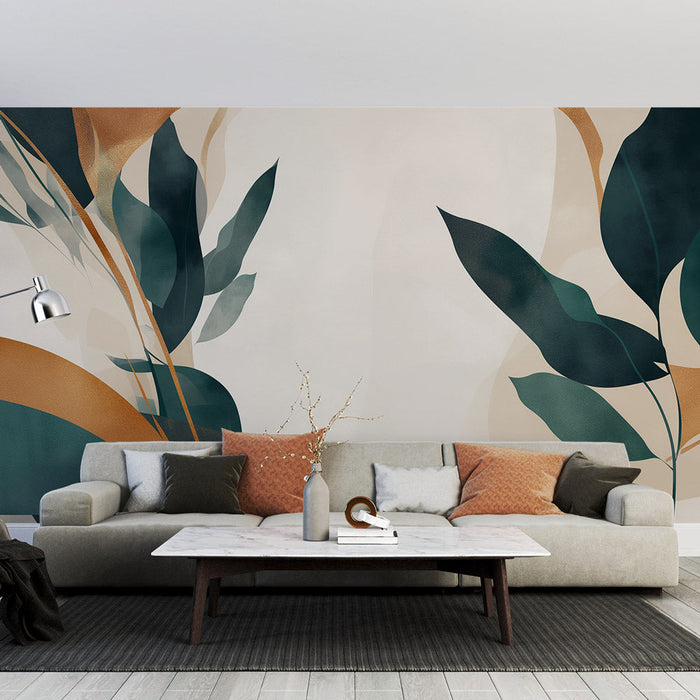 Elegant Foliage Mural Wallpaper | Orange and Green