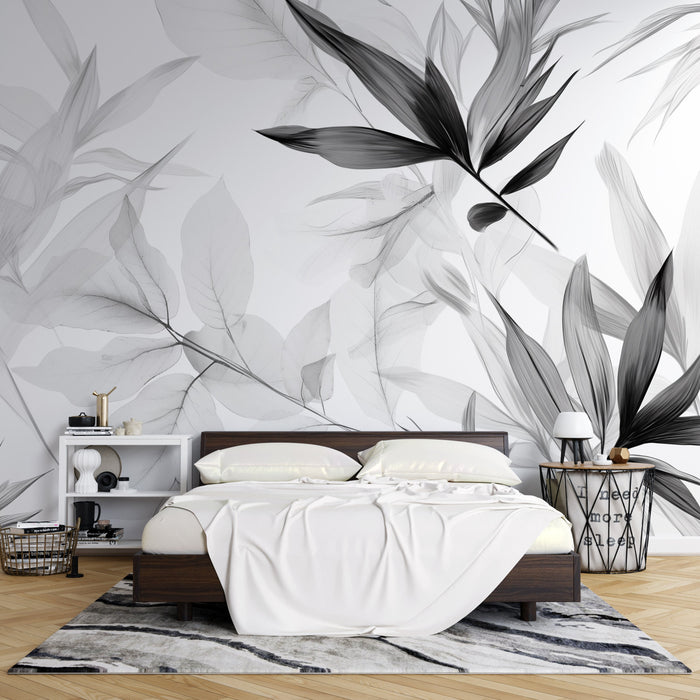 Black and White Foliage Mural Wallpaper | Shades of Gray