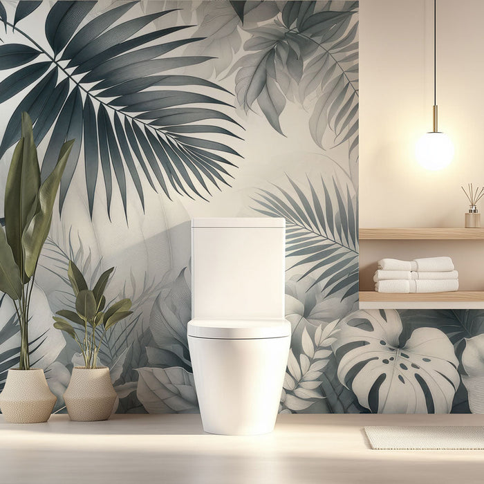 Mural Wallpaper toilet | Luxuriant foliage in shades of gray