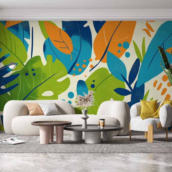 Pop Art Foliage Mural Wallpaper | Vihreä Sininen Oranssi