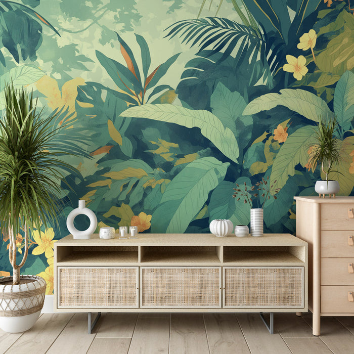 Tropical Foliage Mural Wallpaper | Tropical Leaves and Flowers