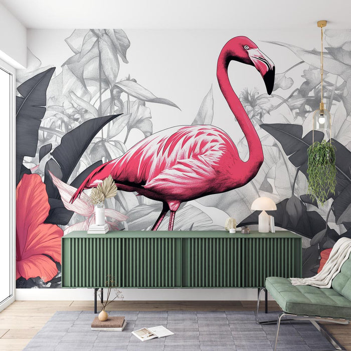 Flamingo Behang | Zwart en Wit Achtergrond