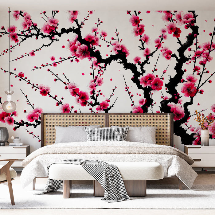Papel pintado de mural de flor de cerezo rojo | Estilo japonés sobre fondo blanco