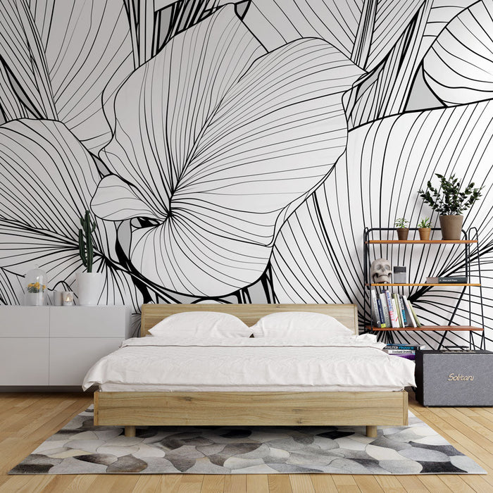 Papel de parede com Mural de Flores Tropicais | Preto e Branco