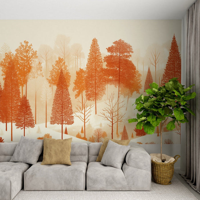 Papel de parede com mural de floresta | Inverno terracota