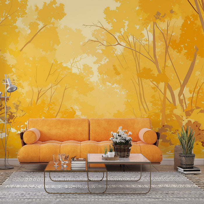 Papel de parede com mural de floresta | Amarelo Mostarda