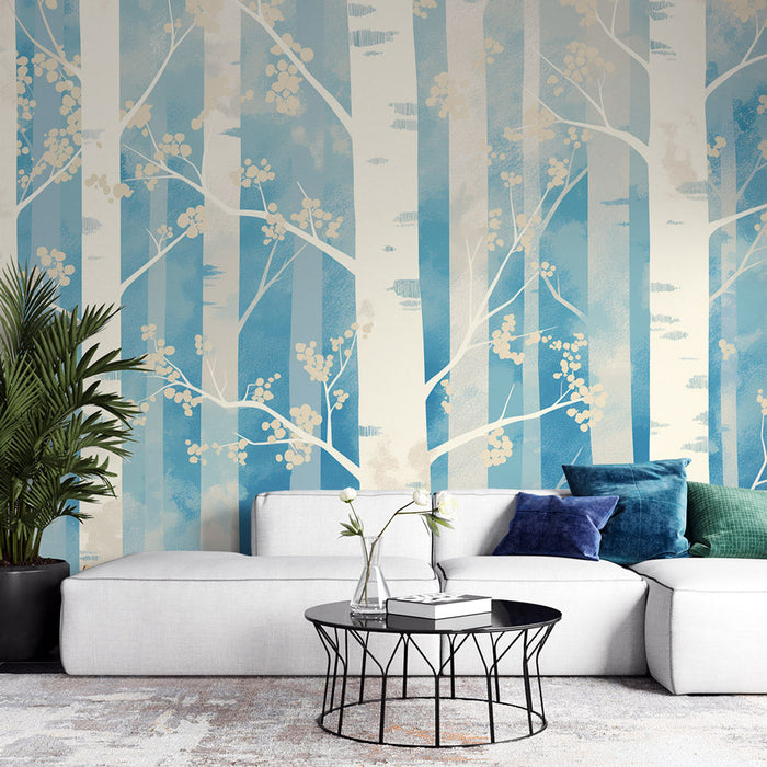 Forest Mural Wallpaper | Pastel Beige and Blue