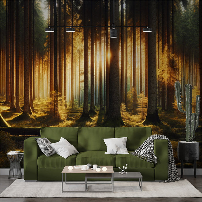 Forest Mural Wallpaper | Amidst the Fir Trees at Sunrise