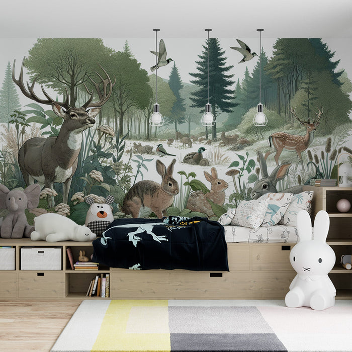 Forest Mural Wallpaper | Deer, Rabbit, and Forest Animals in Harmony