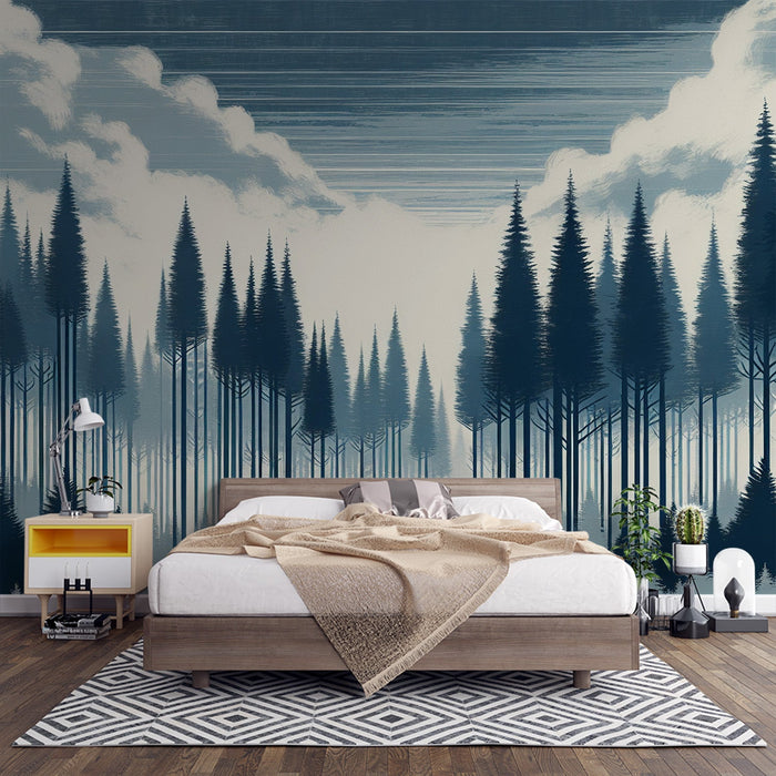 Forest Mural Wallpaper | Tall Fir Trees and Cloudy Sky