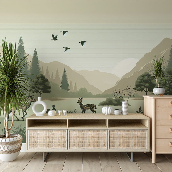 Forest Mural Wallpaper | Sunrise in the Green Forest with Animals