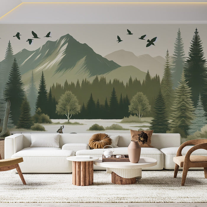 Forest Mural Wallpaper | Mountain and Forest Animals Coexisting