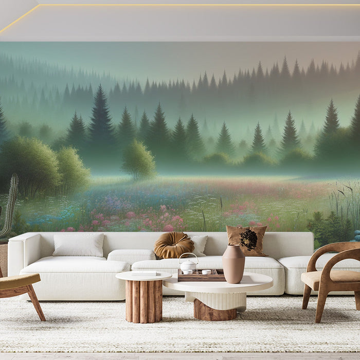 Forest Mural Wallpaper | Meadow with Pine Forest and Colorful Flowers