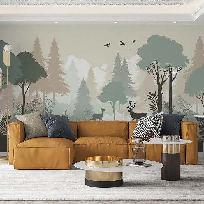 Forest Mural Wallpaper | Forest Animal Silhouette and Pastel Tones